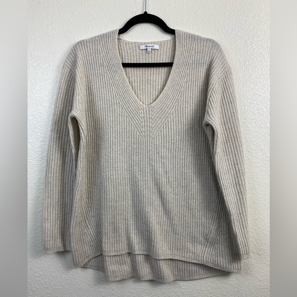 Madewell Wool Nkit V-Neck Long Sleeve Cozy Beige Cream Fall Winter Sweater Small - Picture 1 of 12